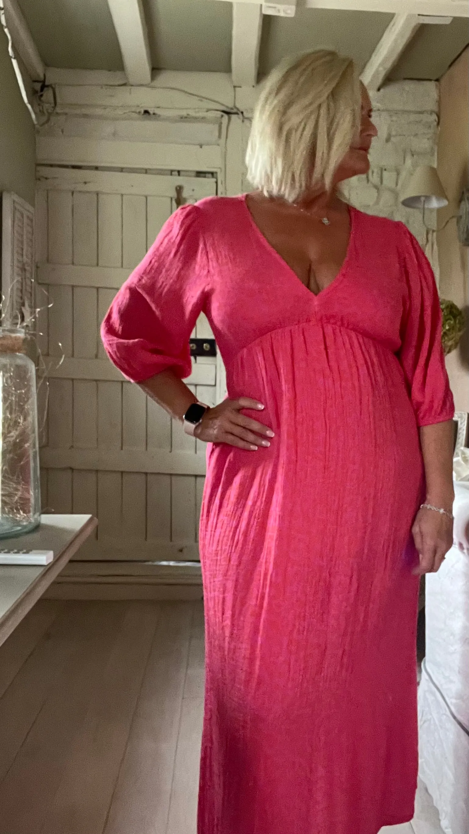 Sicily long sleeved v neck cheesecloth maxi sundress in fuchsia leopard print