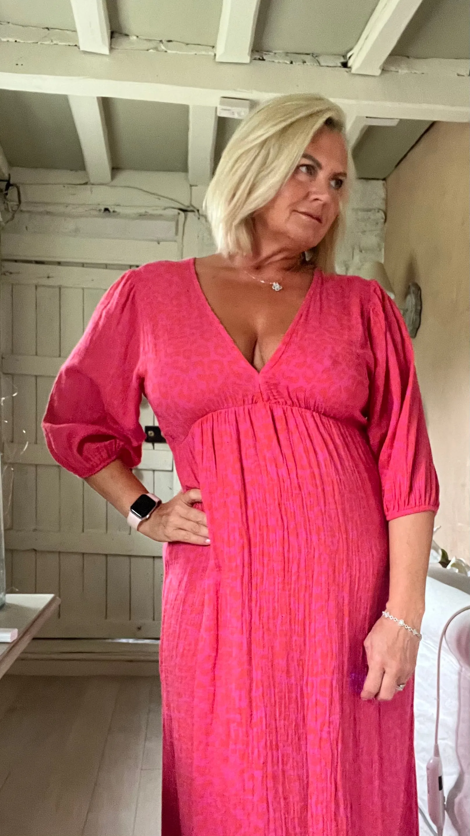 Sicily long sleeved v neck cheesecloth maxi sundress in fuchsia leopard print