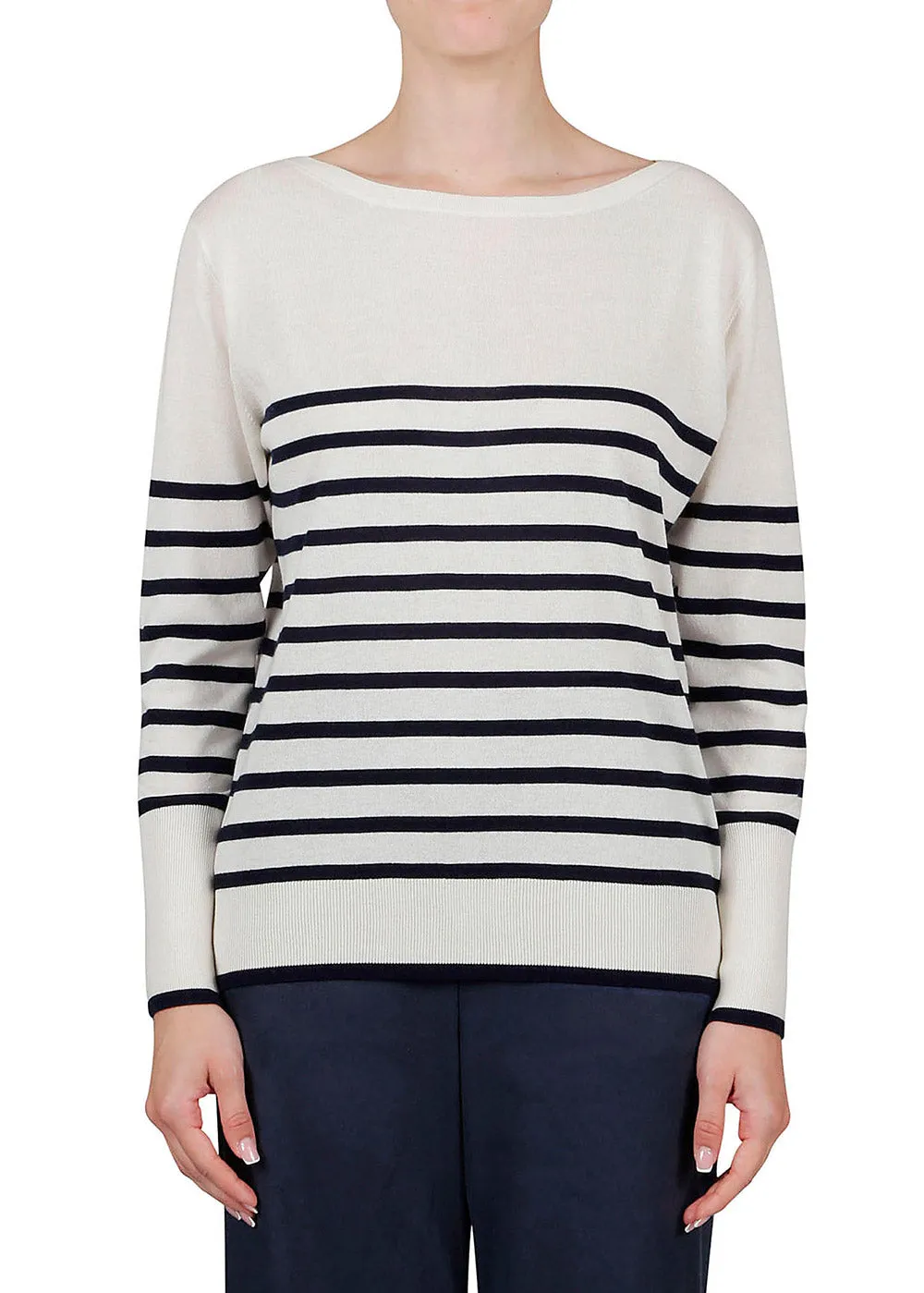 Silk and Cashmere Sweater - Cream   Navy Stripe