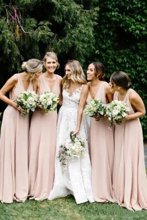 Simple V Neck Light Pink Bridesmaid Dresses Cheap Long Chiffon Maxi Dress KPB0191