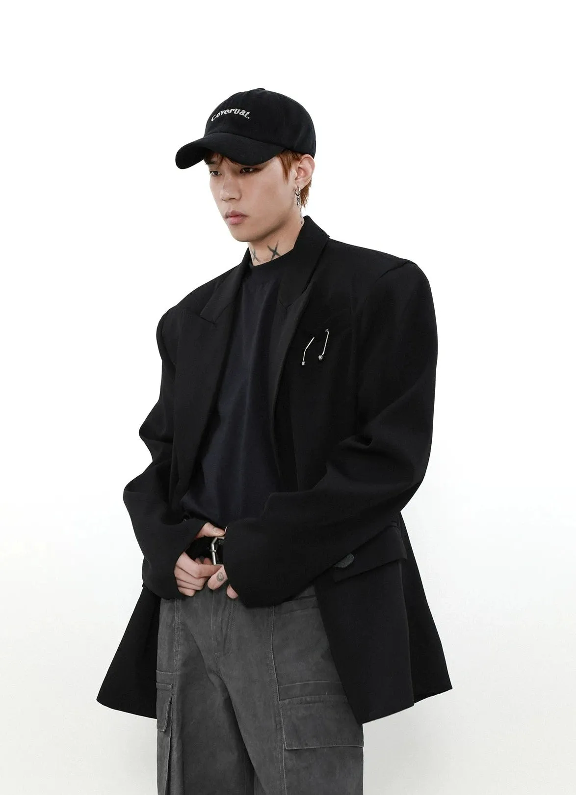 Structured Oversized Blazer Coat with Brooch