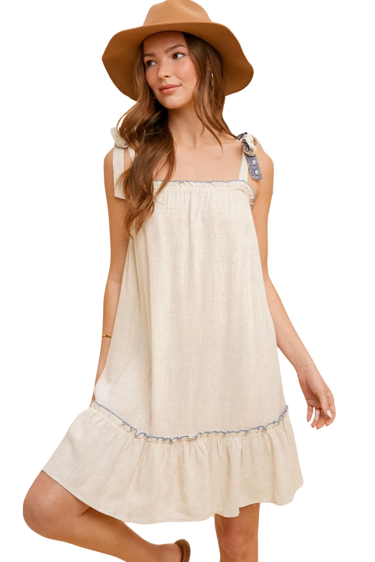 Tie Top Linen Vacation Shift Dress With Blue Detail - Oatmeal