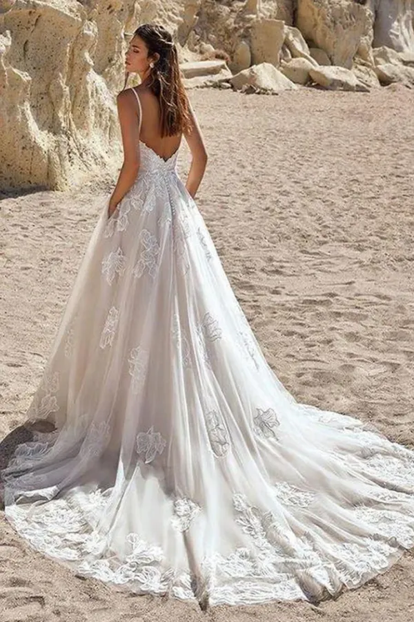 V Neck Backless Light Champagne Lace Long Prom Dress, Light Champagne Lace Wedding Dress KPW0737
