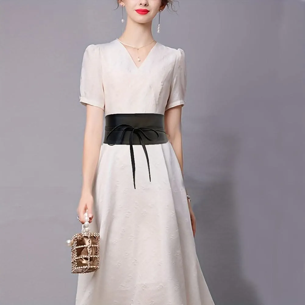 Vintage Wide PU Waist Belt with Bow Accent