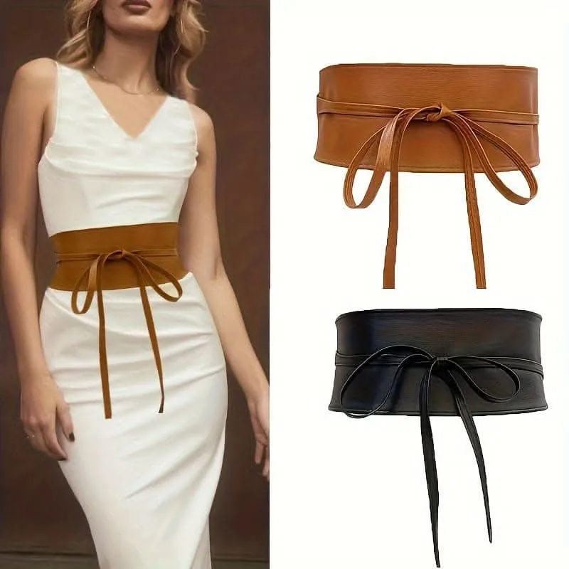 Vintage Wide PU Waist Belt with Bow Accent