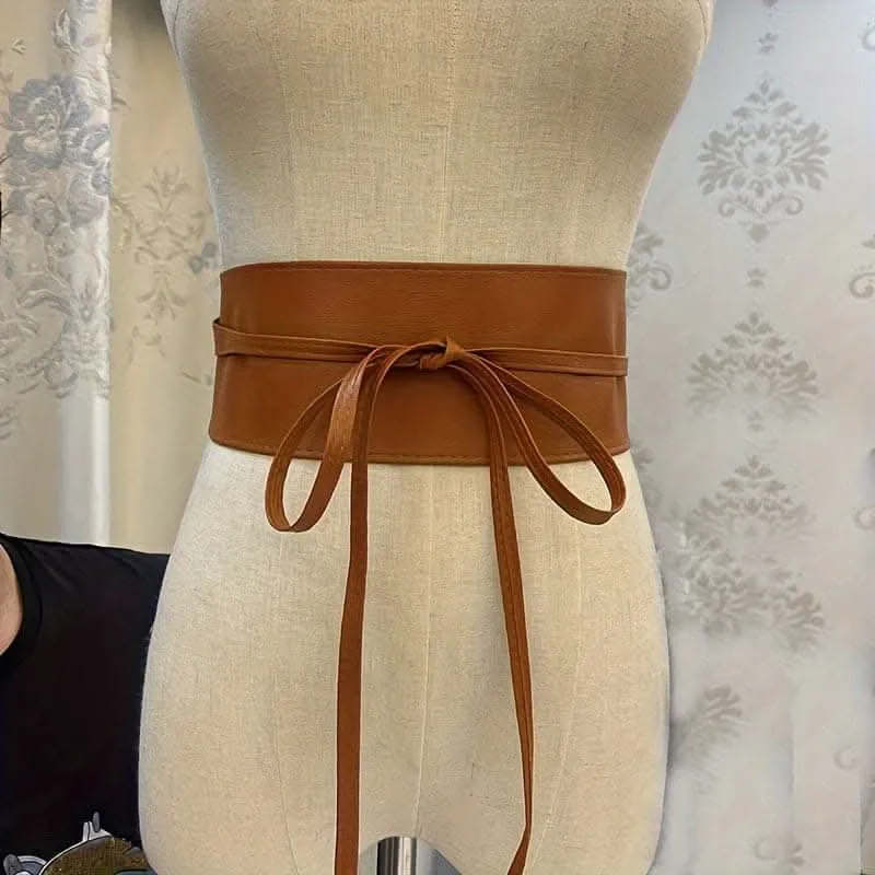 Vintage Wide PU Waist Belt with Bow Accent