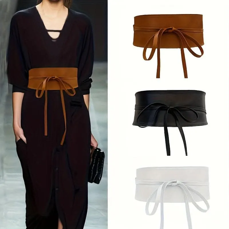 Vintage Wide PU Waist Belt with Bow Accent