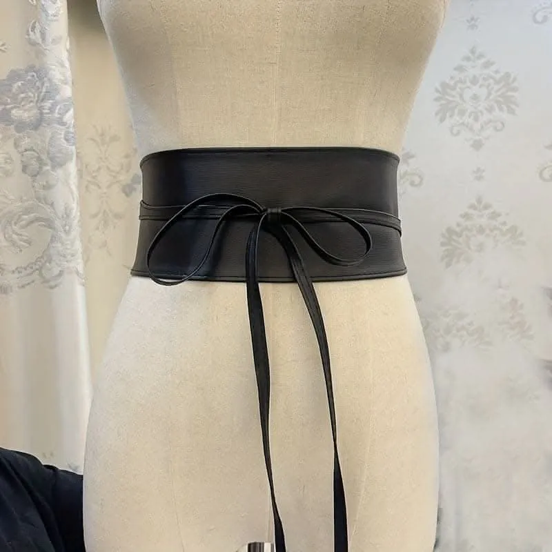 Vintage Wide PU Waist Belt with Bow Accent