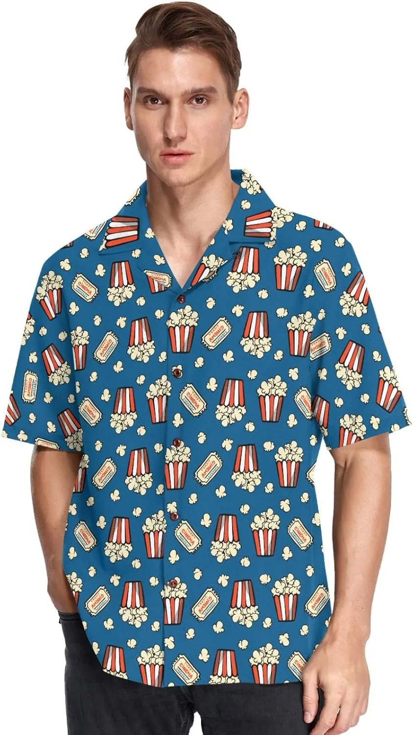 vvfelixl Popcorn and Movie Ticket Striped Boxes Hawaiian Shirt for Men,Men's Casual Button Down Shirts Short Sleeve for Men S