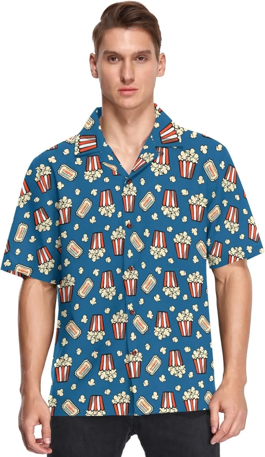 vvfelixl Popcorn and Movie Ticket Striped Boxes Hawaiian Shirt for Men,Men's Casual Button Down Shirts Short Sleeve for Men S