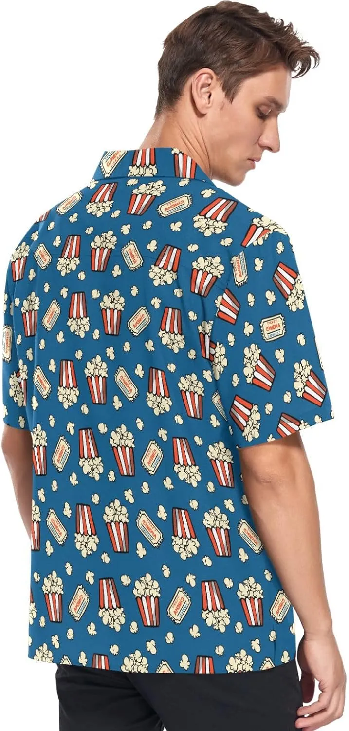 vvfelixl Popcorn and Movie Ticket Striped Boxes Hawaiian Shirt for Men,Men's Casual Button Down Shirts Short Sleeve for Men S