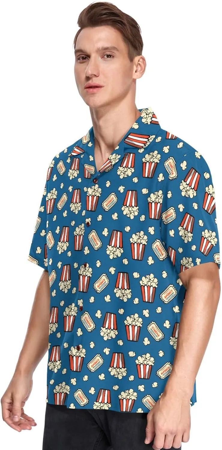 vvfelixl Popcorn and Movie Ticket Striped Boxes Hawaiian Shirt for Men,Men's Casual Button Down Shirts Short Sleeve for Men S