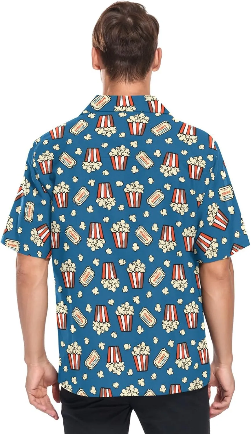 vvfelixl Popcorn and Movie Ticket Striped Boxes Hawaiian Shirt for Men,Men's Casual Button Down Shirts Short Sleeve for Men S