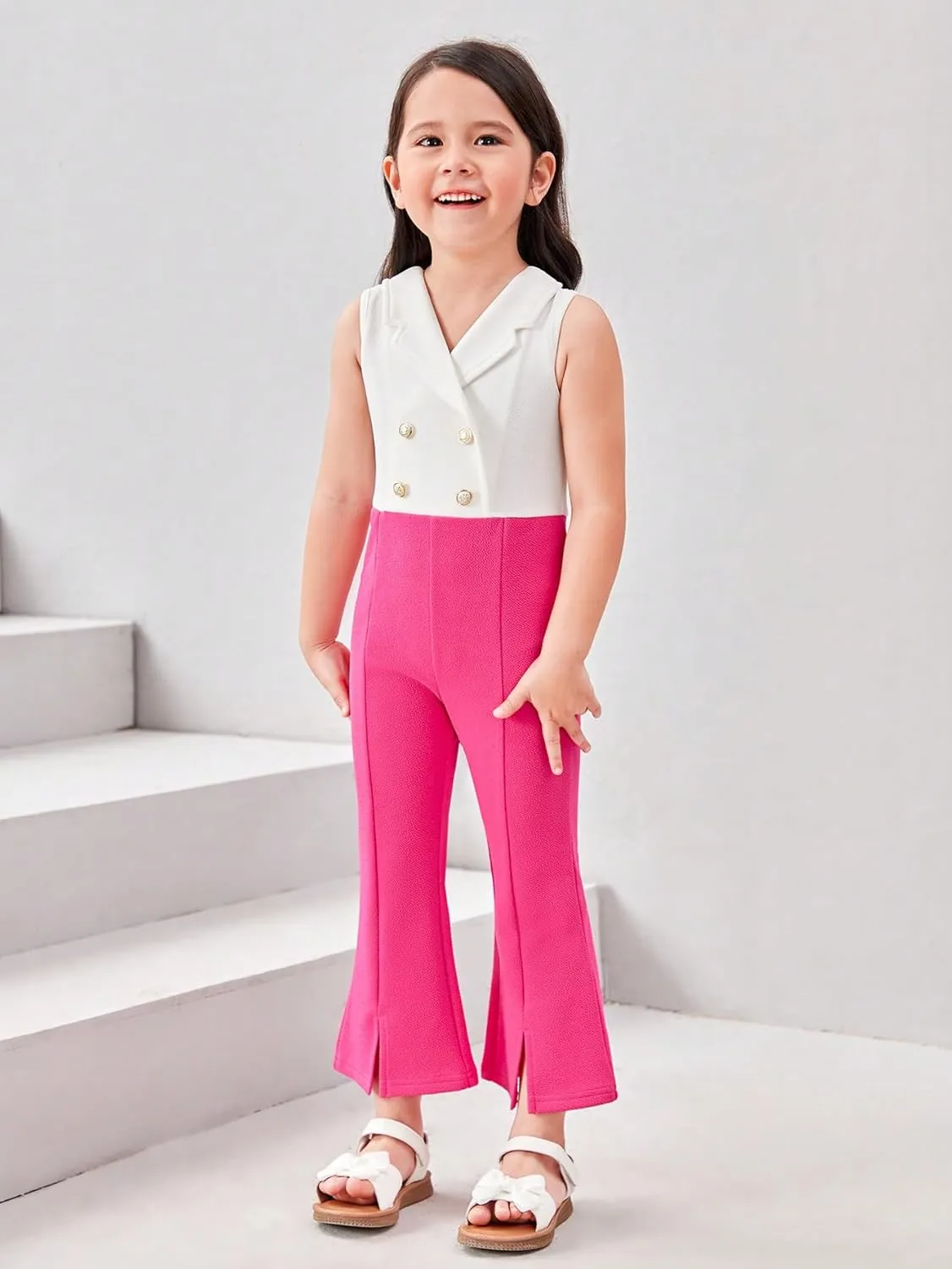 WDIRARA Girl's Color Block Lapel Neck Sleeveless Flare Leg Split Hem Elegant Jumpsuit