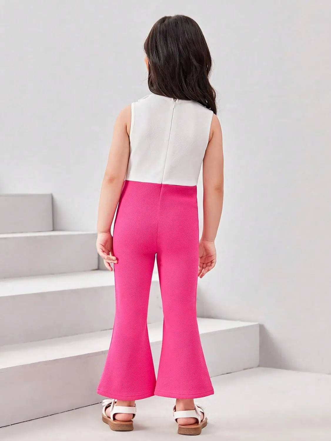 WDIRARA Girl's Color Block Lapel Neck Sleeveless Flare Leg Split Hem Elegant Jumpsuit