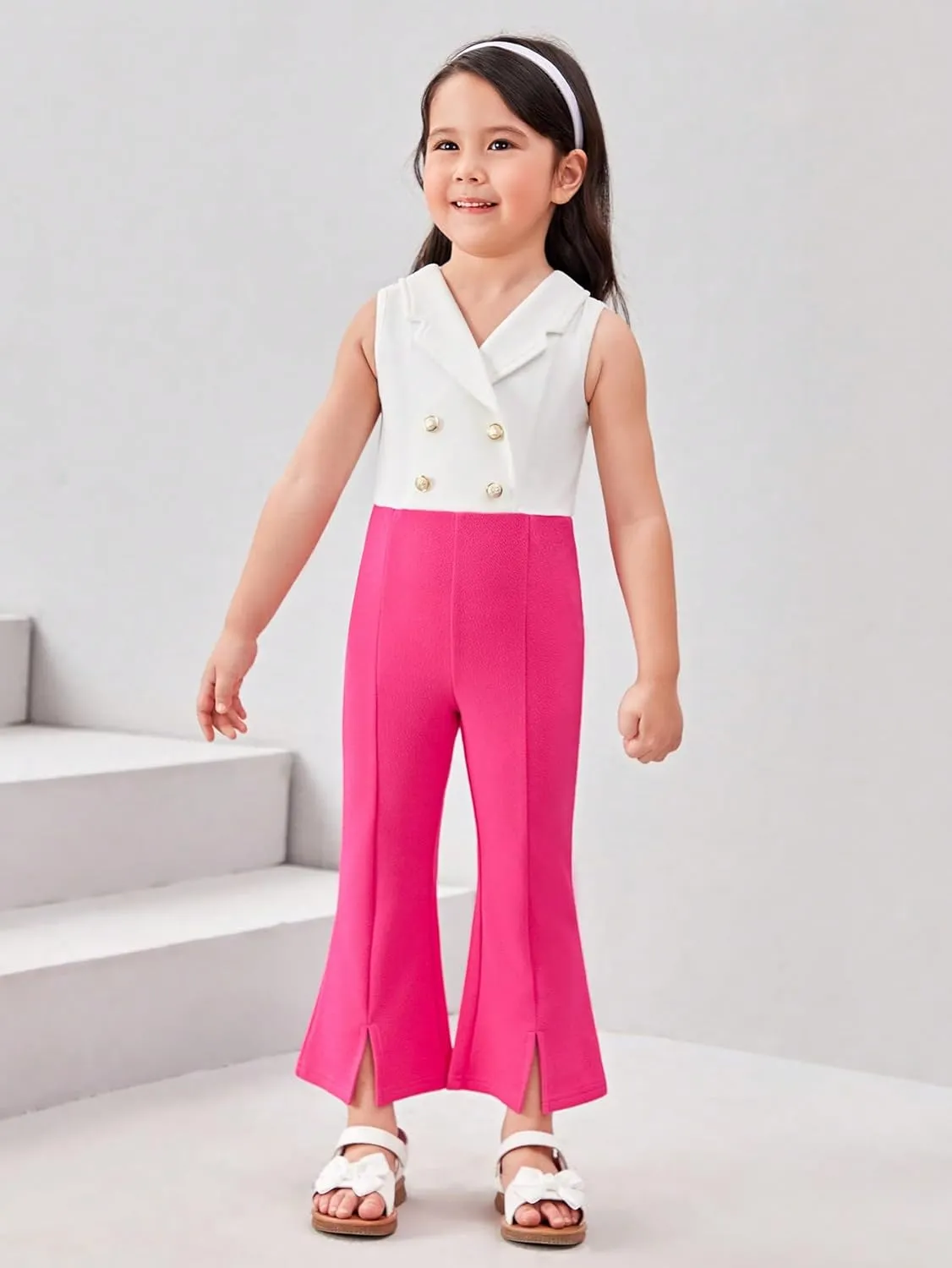 WDIRARA Girl's Color Block Lapel Neck Sleeveless Flare Leg Split Hem Elegant Jumpsuit