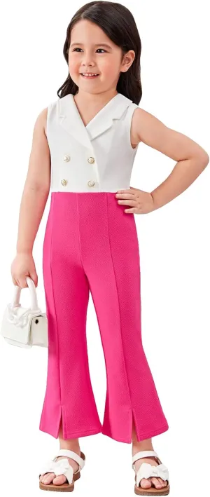 WDIRARA Girl's Color Block Lapel Neck Sleeveless Flare Leg Split Hem Elegant Jumpsuit