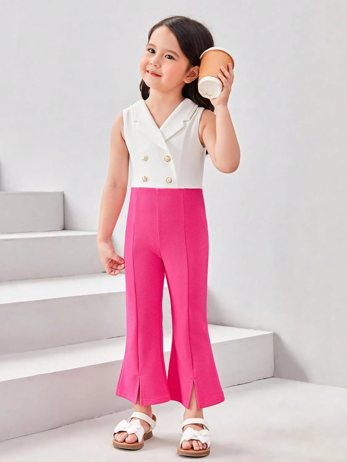 WDIRARA Girl's Color Block Lapel Neck Sleeveless Flare Leg Split Hem Elegant Jumpsuit