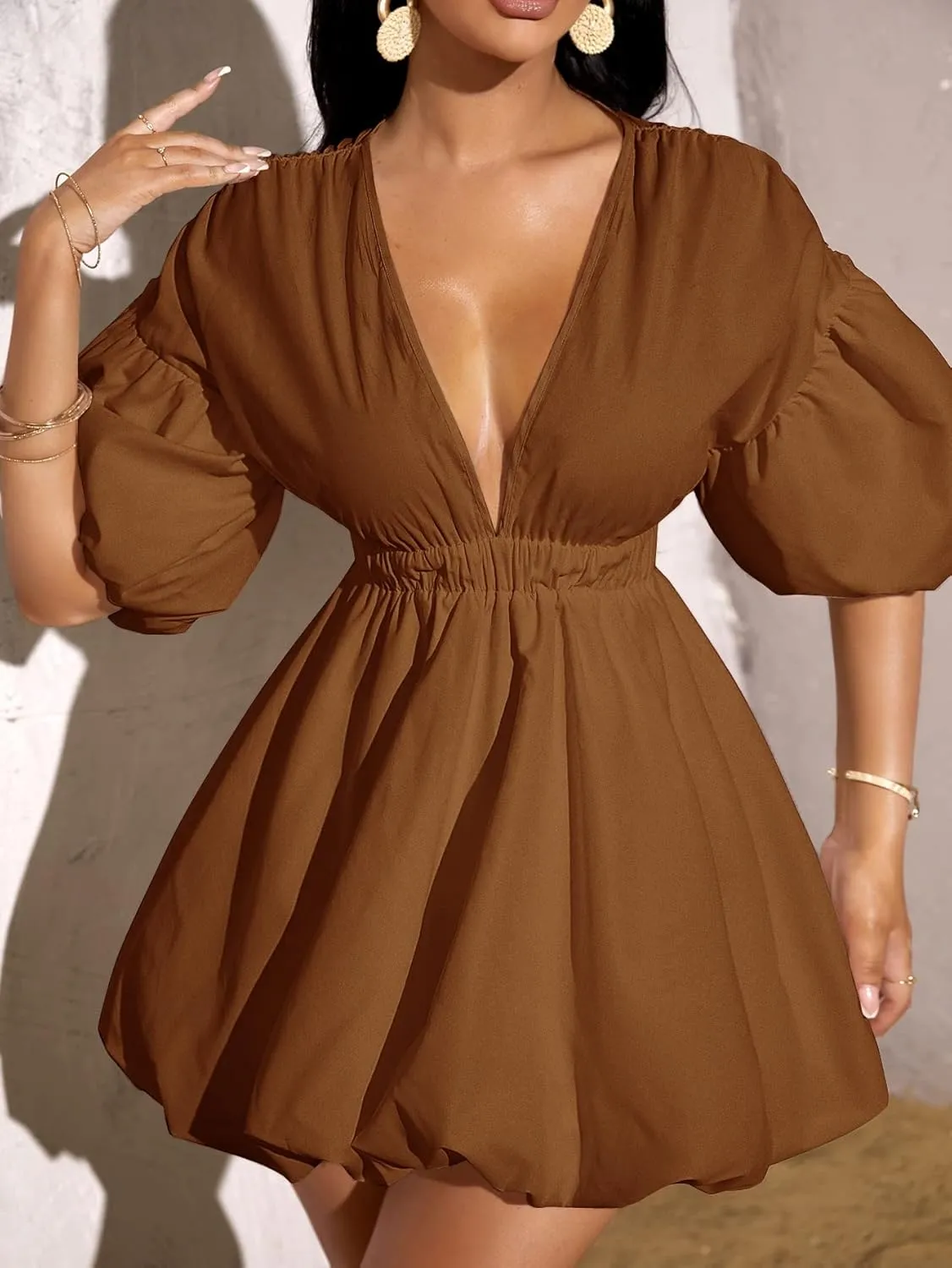 WDIRARA Women's Deep V Neck Puff Sleeve High Rise Flare Dress Elastic Waist Dress