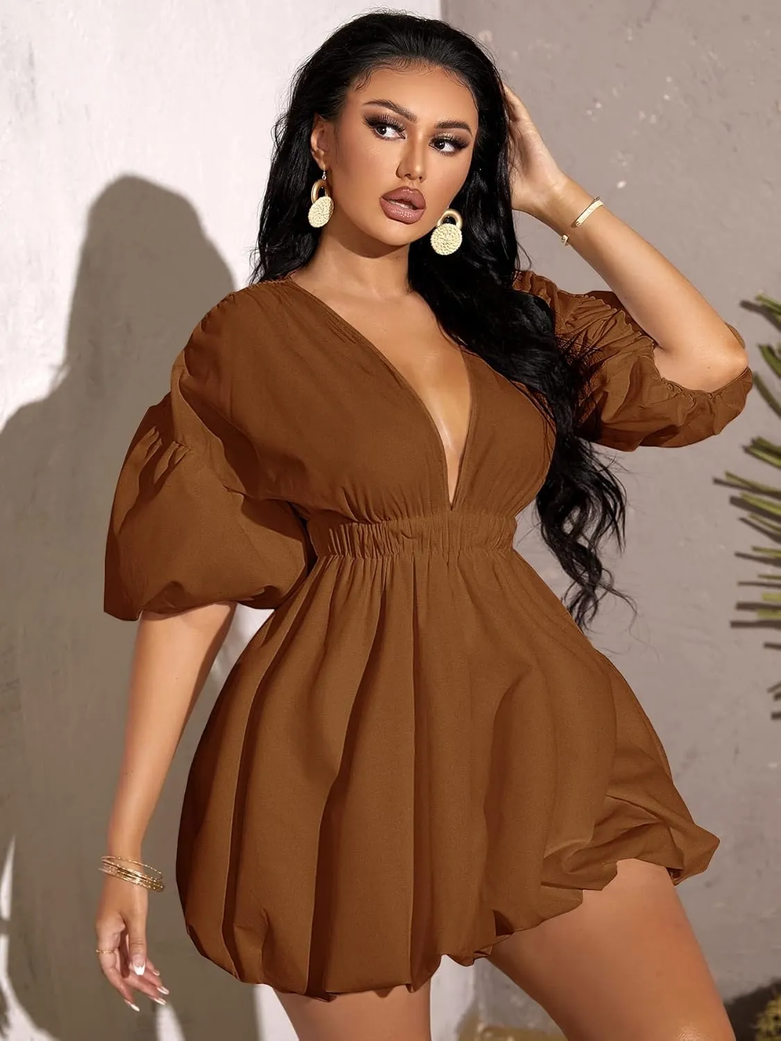 WDIRARA Women's Deep V Neck Puff Sleeve High Rise Flare Dress Elastic Waist Dress