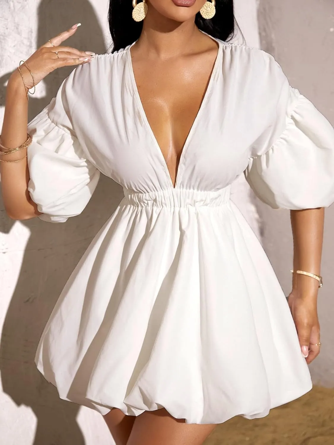 WDIRARA Women's Deep V Neck Puff Sleeve High Rise Flare Dress Elastic Waist Dress