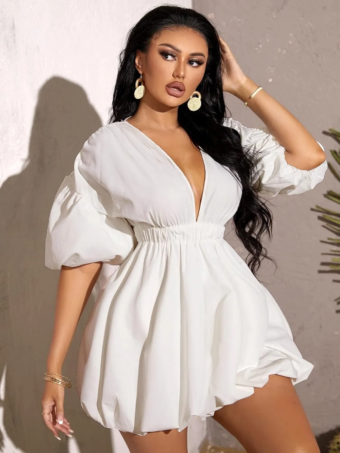 WDIRARA Women's Deep V Neck Puff Sleeve High Rise Flare Dress Elastic Waist Dress