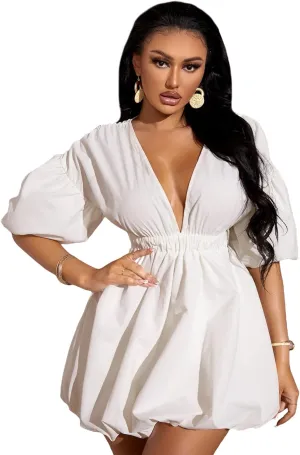 WDIRARA Women's Deep V Neck Puff Sleeve High Rise Flare Dress Elastic Waist Dress