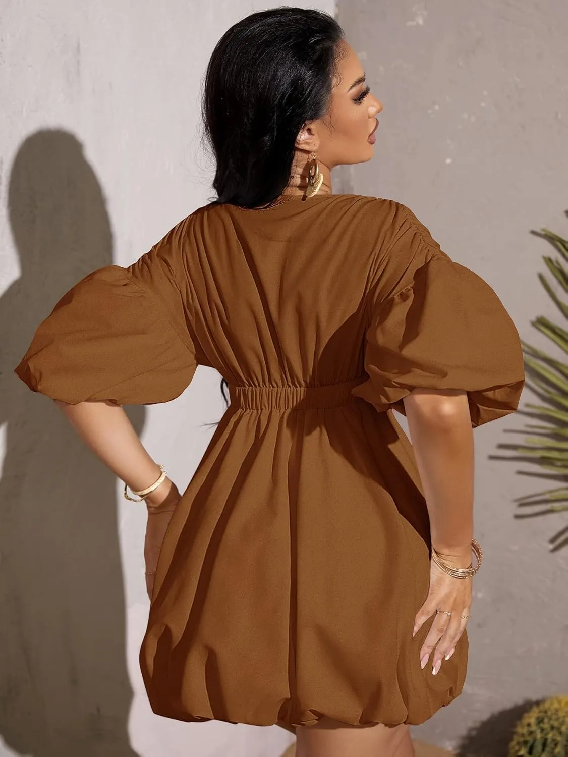 WDIRARA Women's Deep V Neck Puff Sleeve High Rise Flare Dress Elastic Waist Dress