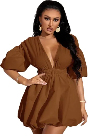 WDIRARA Women's Deep V Neck Puff Sleeve High Rise Flare Dress Elastic Waist Dress