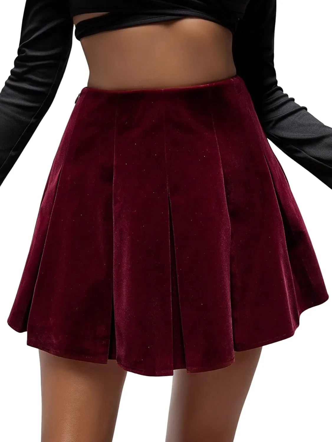 WDIRARA Women's Velvet High Waist Pleated Mini Skirt Casual Skater Skirts