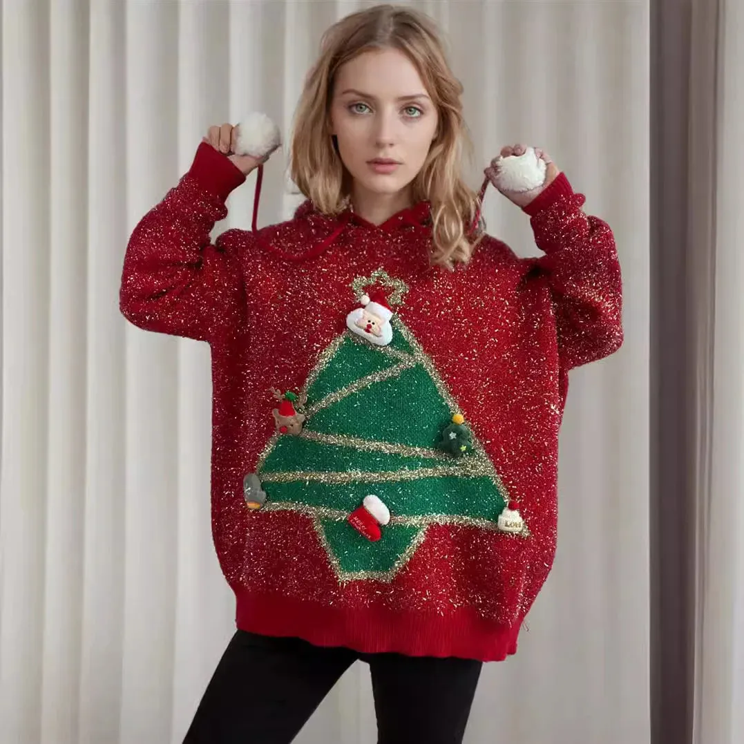 Wenkouban-Christmas Thanksgiving outfits_Korea Style Christmas Tree Hooded Loose Ugly Chic Casual Knitwear Christmas Sweater