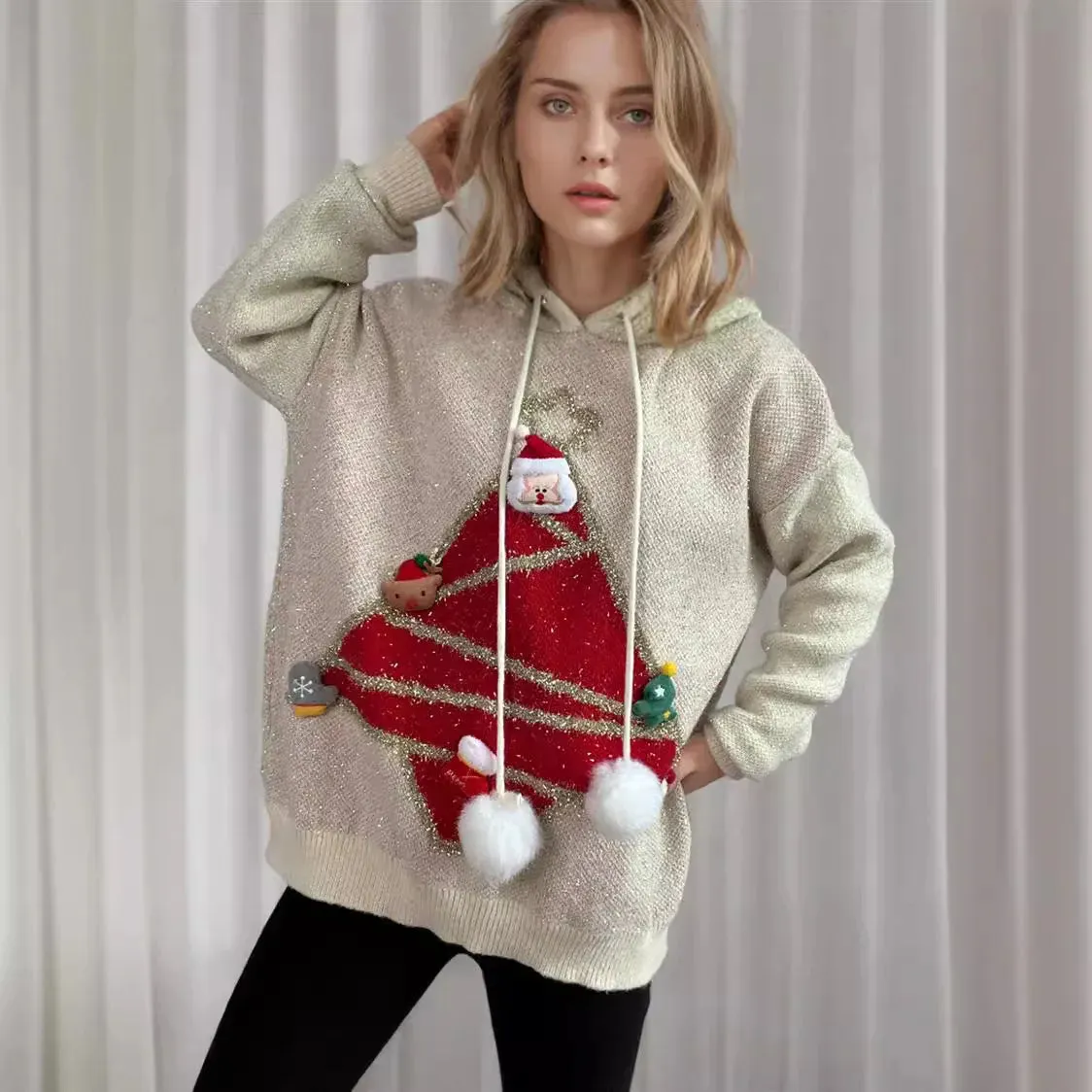 Wenkouban-Christmas Thanksgiving outfits_Korea Style Christmas Tree Hooded Loose Ugly Chic Casual Knitwear Christmas Sweater