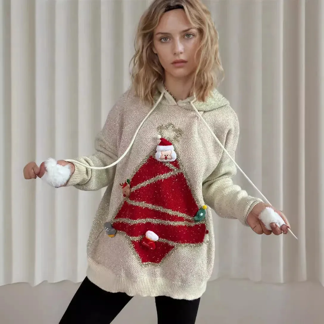 Wenkouban-Christmas Thanksgiving outfits_Korea Style Christmas Tree Hooded Loose Ugly Chic Casual Knitwear Christmas Sweater