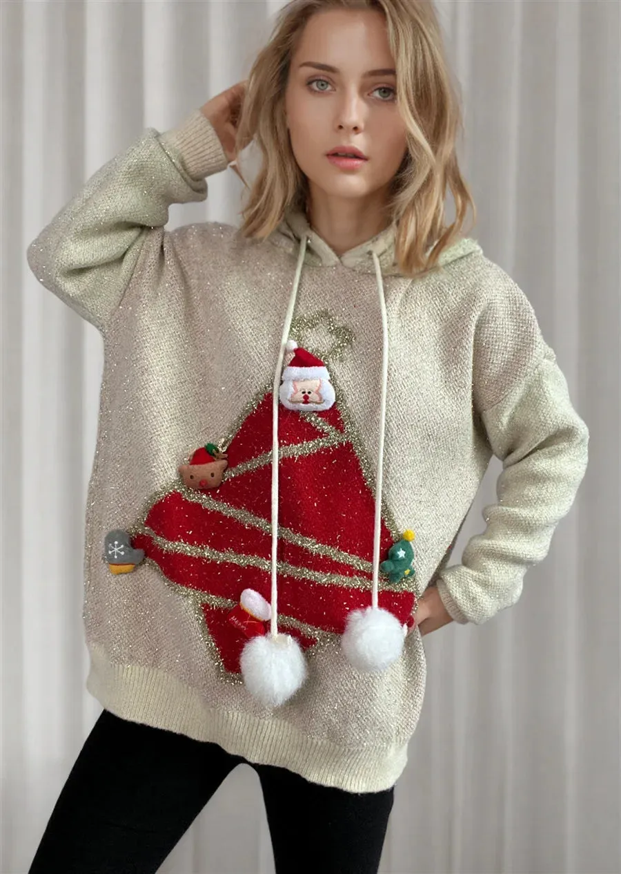 Wenkouban-Christmas Thanksgiving outfits_Korea Style Christmas Tree Hooded Loose Ugly Chic Casual Knitwear Christmas Sweater