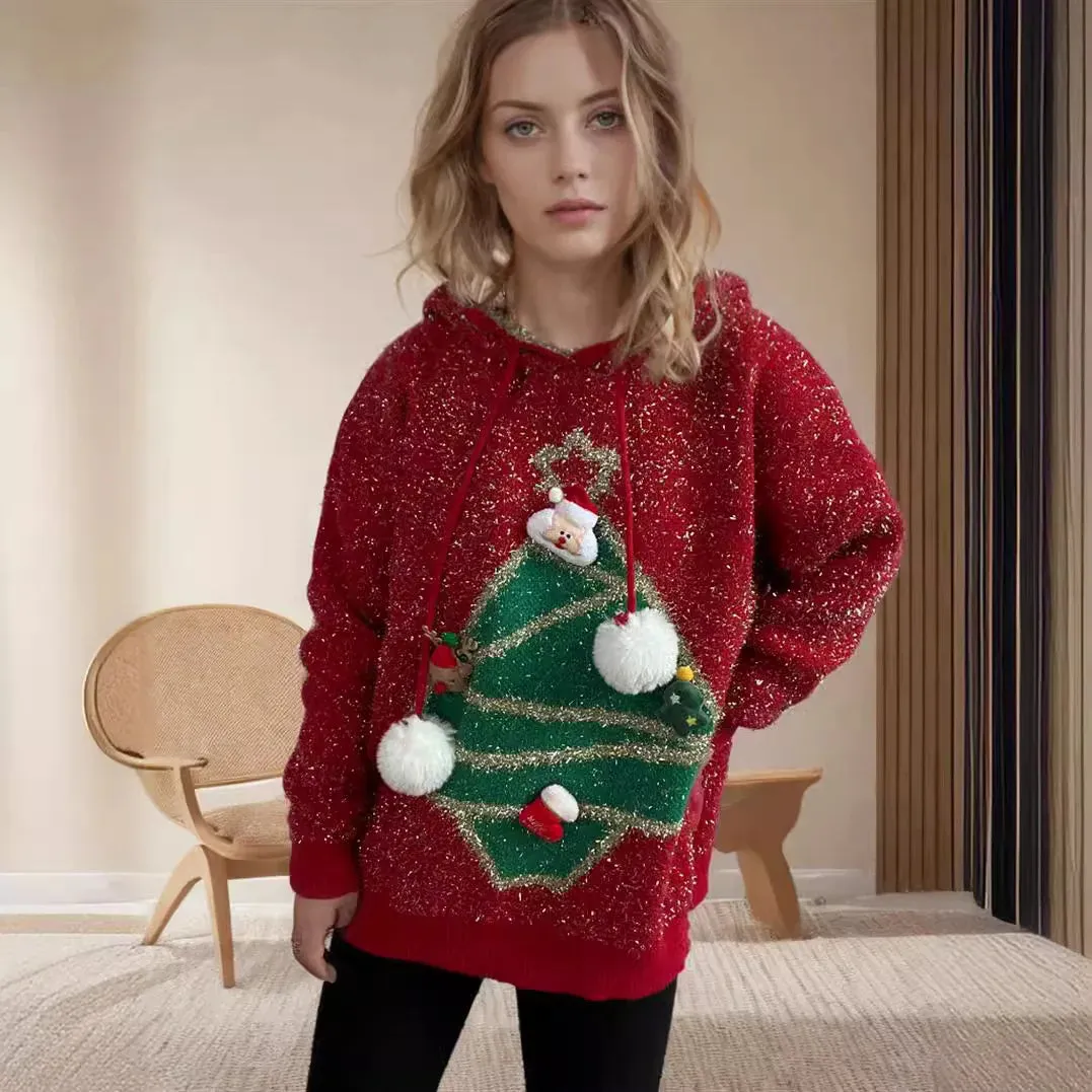 Wenkouban-Christmas Thanksgiving outfits_Korea Style Christmas Tree Hooded Loose Ugly Chic Casual Knitwear Christmas Sweater