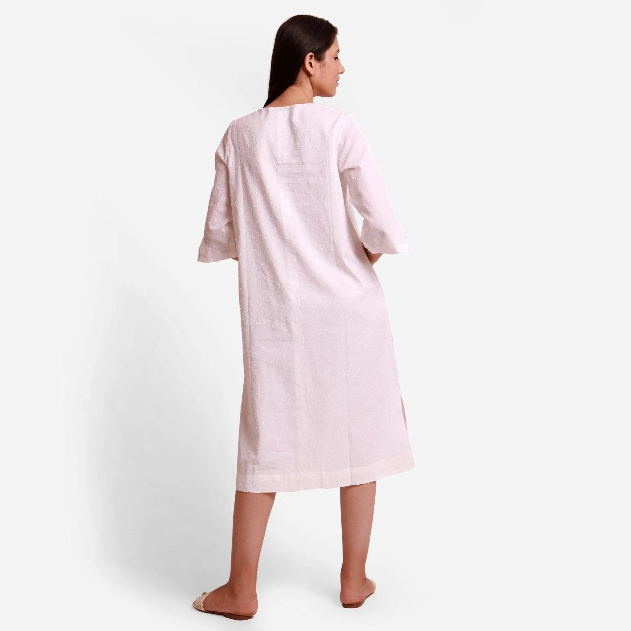White Hand-Embroidered Cotton U-Neck Midi Slit Dress