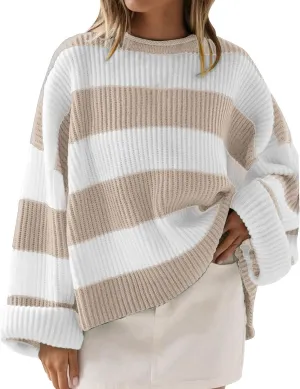 Women's 2024 Fall Long Sleeve Crew Neck Striped Color Block Comfy Loose Oversized Knitted Pullover Sweater