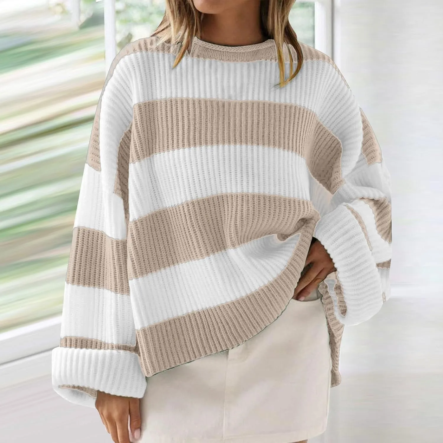 Women's 2024 Fall Long Sleeve Crew Neck Striped Color Block Comfy Loose Oversized Knitted Pullover Sweater