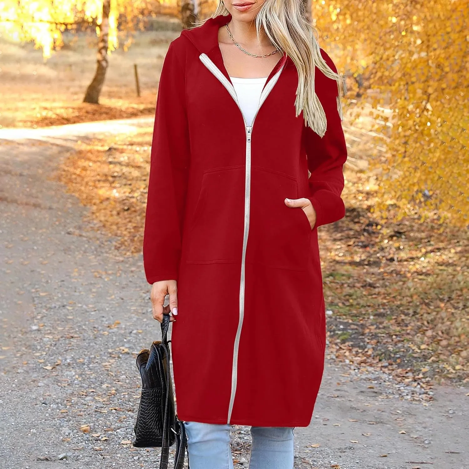 Womens Long Length Zip Up Hoodies Lightweight Fleece Jacket Oversized Tunic Sweatshirt Fashion Fall Zipper Hoodie
