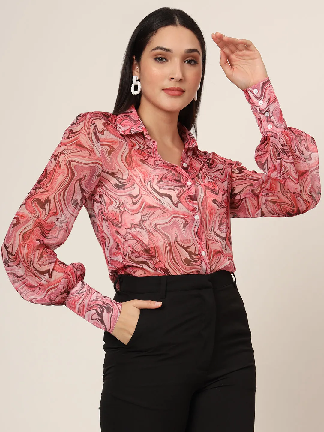 Women'S Premium Chiffon Multicolour Long Length Curved Hem Digital Print Shirt