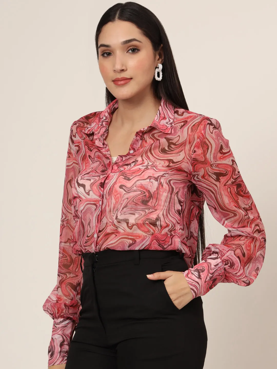 Women'S Premium Chiffon Multicolour Long Length Curved Hem Digital Print Shirt