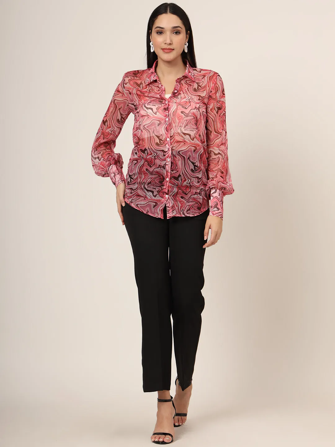 Women'S Premium Chiffon Multicolour Long Length Curved Hem Digital Print Shirt