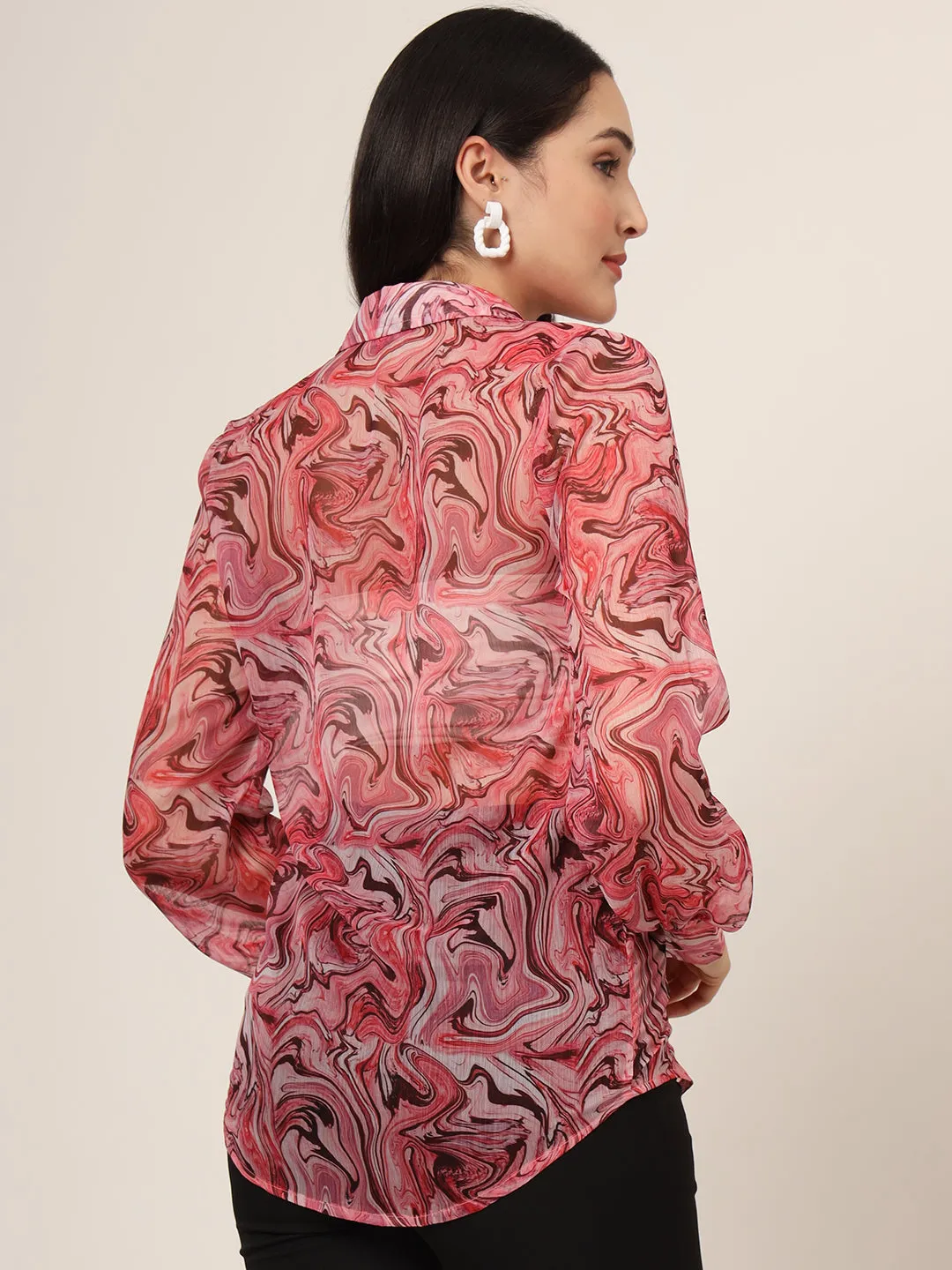 Women'S Premium Chiffon Multicolour Long Length Curved Hem Digital Print Shirt