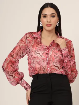 Women'S Premium Chiffon Multicolour Long Length Curved Hem Digital Print Shirt