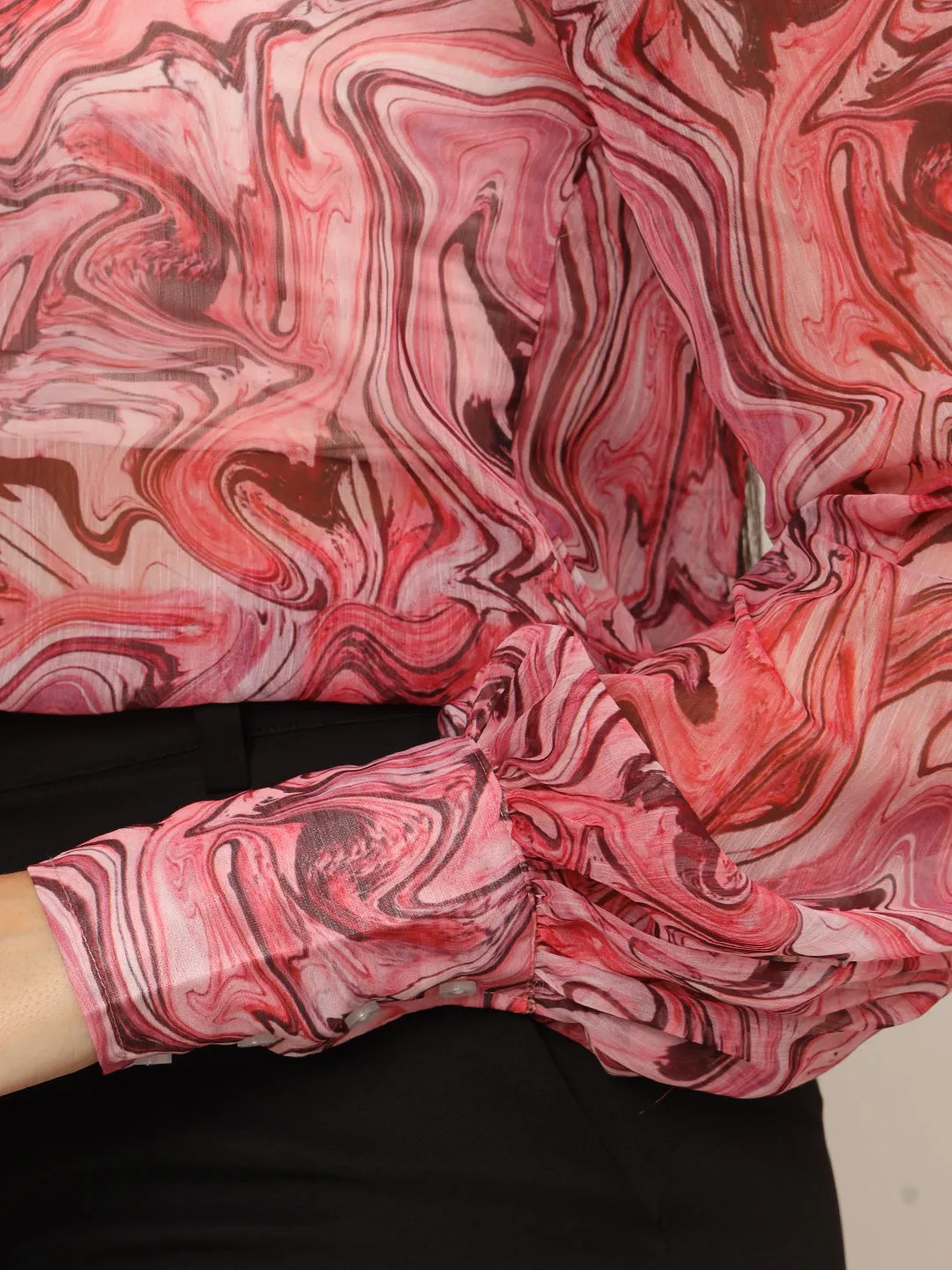 Women'S Premium Chiffon Multicolour Long Length Curved Hem Digital Print Shirt