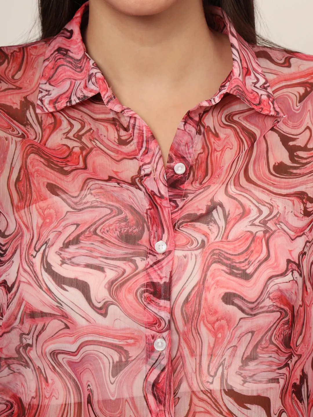 Women'S Premium Chiffon Multicolour Long Length Curved Hem Digital Print Shirt