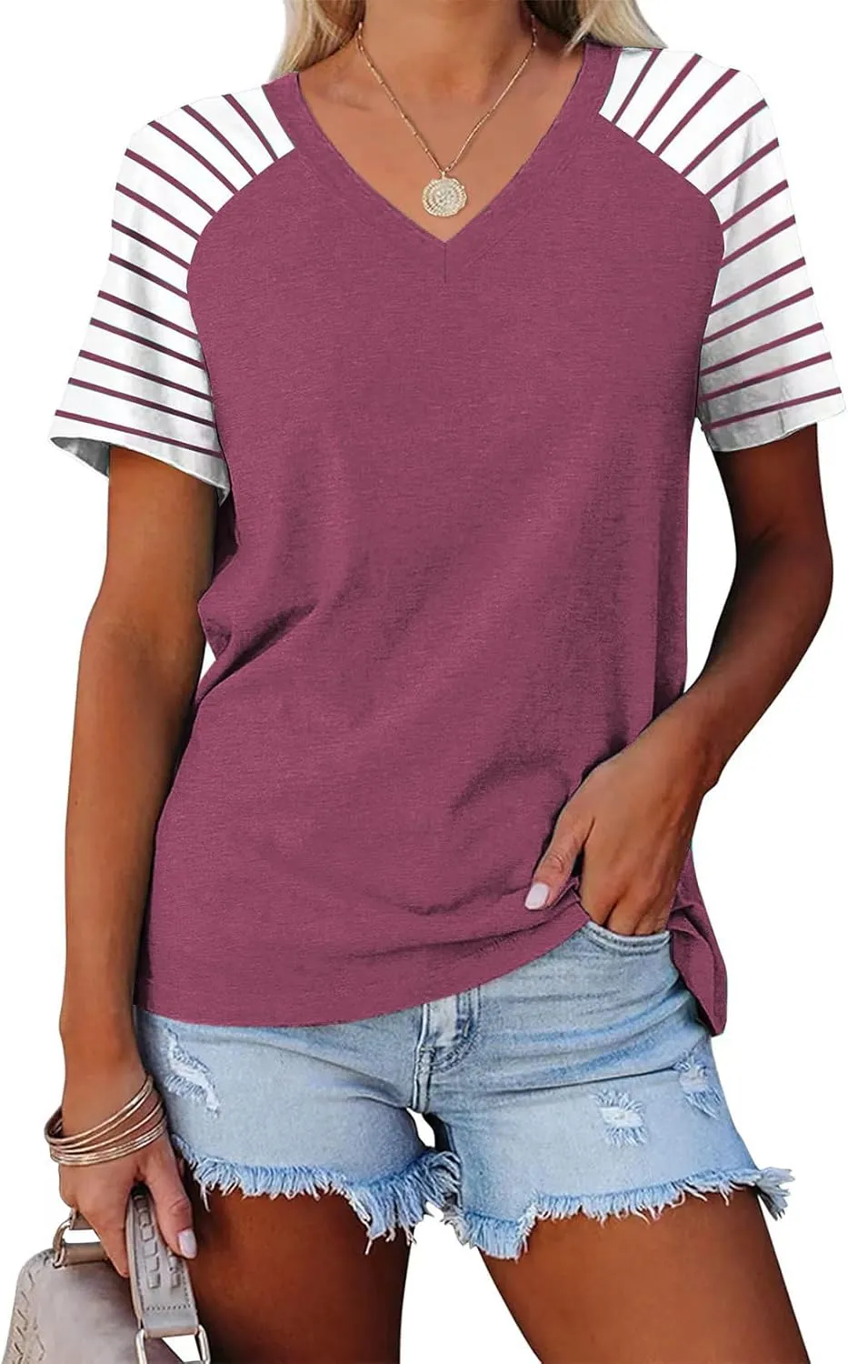 Womens Tops Summer Short Sleeve Shirts Raglan Striped T-Shirts