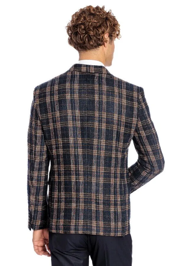 WSS Plaid Slim Fit Navy Blue Men Blazer  - Singen