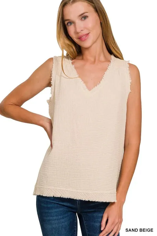 Zenana Double Gauze Raw Edge V-Neck Tank